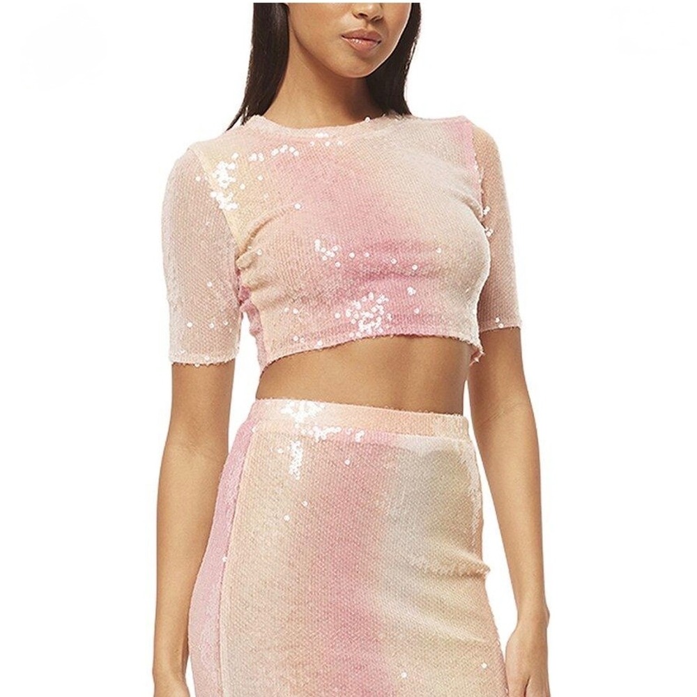 MISA Los Angeles Love Top Pink Ombre Sequin Crop Top Short Sleeve Mesh Top S NWT